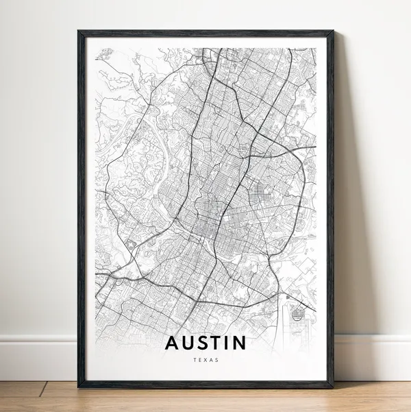 Austin Minimal Map Art Print, Black And White