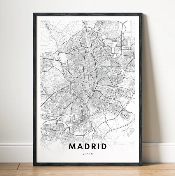 Madrid Spain Map Print, Black And White Travel Poster