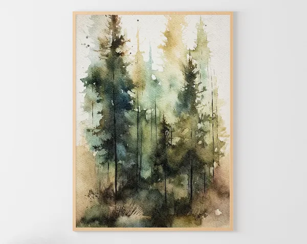 Pine Forest Watercolor Landscape Art Print