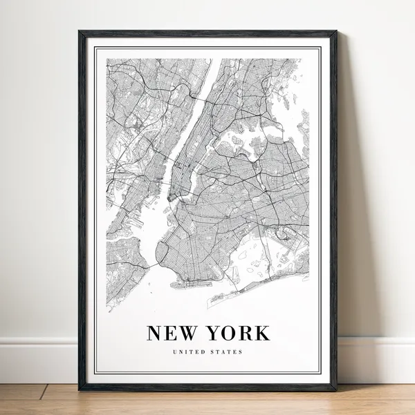 New York Map Print, Minimal Black and White Poster
