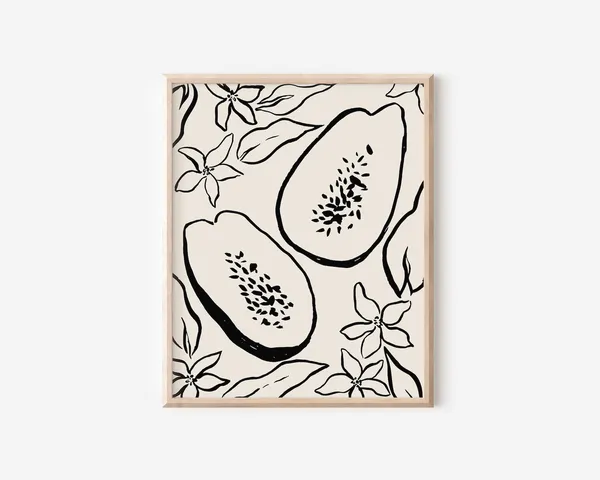 Papaya Botanical Ink Drawing, Tropical Kitchen Art Print