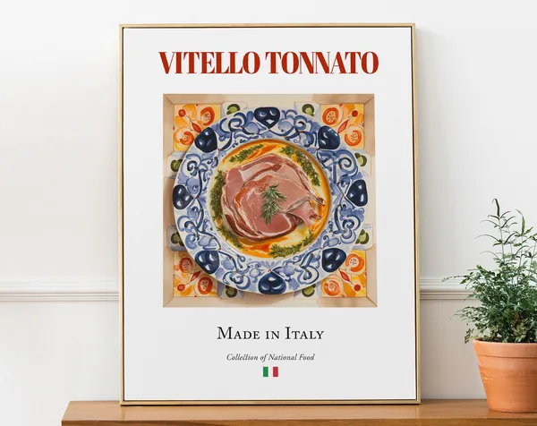 Vitello Tonnato on Maiolica Tile Plate, Italian Poster