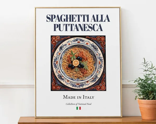 Spaghetti Alla Puttanesca on Maiolica Tile Plate Poster