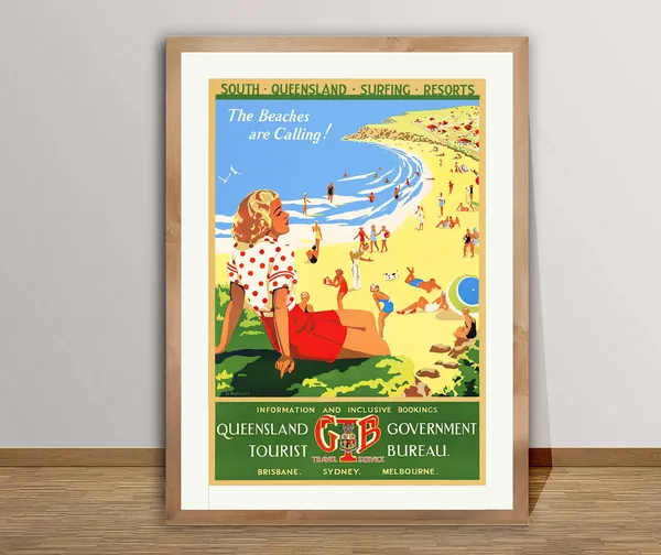 South Queensland Vintage Travel Poster, Beach Calling