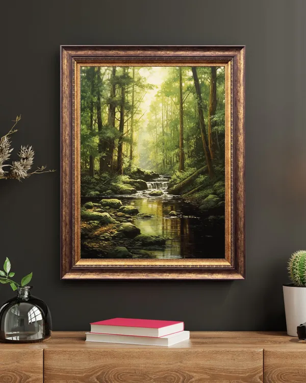 Green Forest Stream Art Print, Tranquil Nature Scene