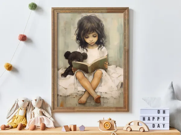 Girl and Teddy Bear Reading in Bed Art Print