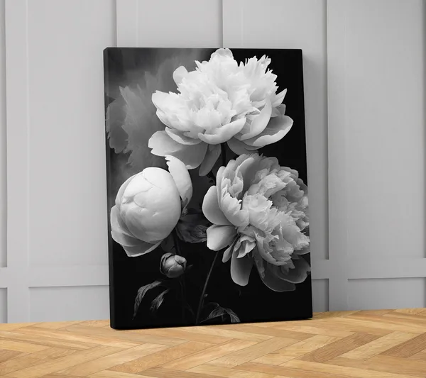 Monochrome Peony Flowers, Black White Art Print