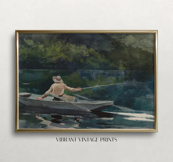 Vintage Fisherman Boat On Lake, Neutral Decor Art Print