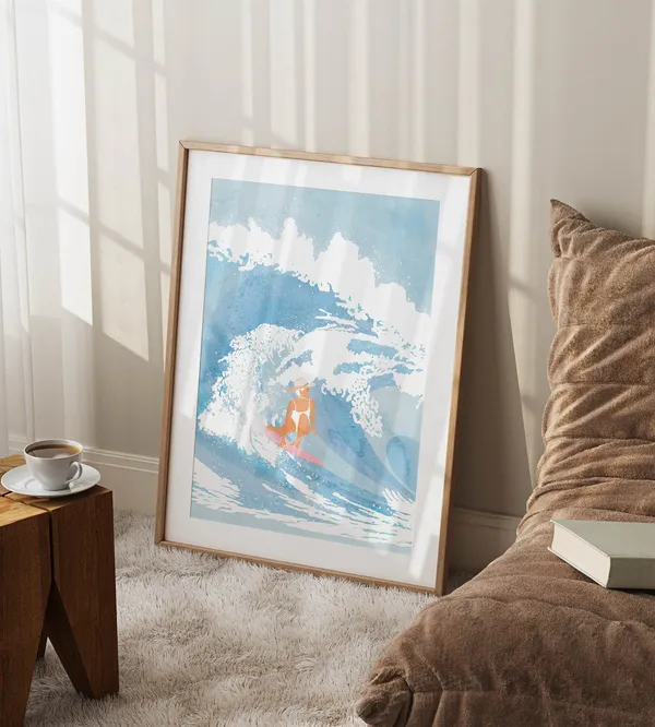 Coastal Cowgirl Surf Decor Poster, Blue Aesthetic