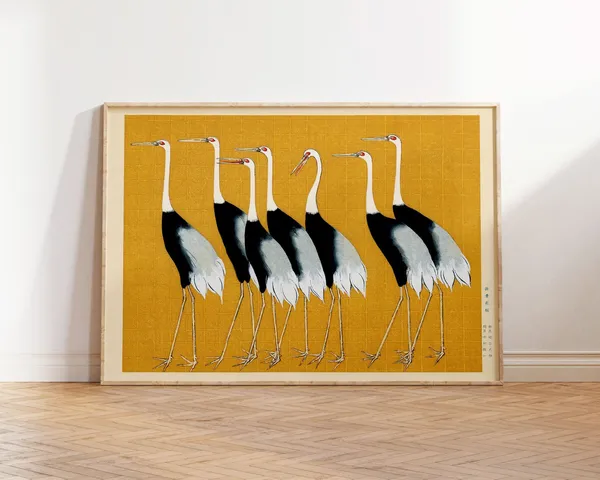Japanese Crane Bird Vintage Poster, Horizontal Landscape
