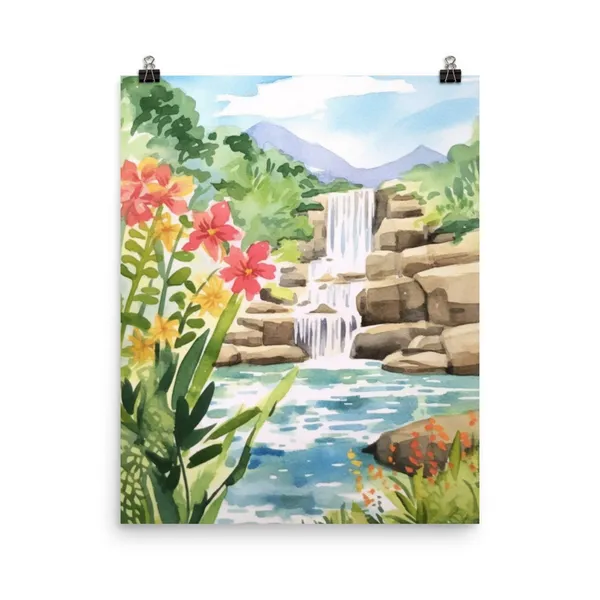 Waimea Falls Watercolor Travel Poster, Oahu Hawaii