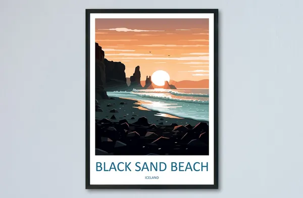 Black Sand Beach Travel Poster, Iceland Wall Art