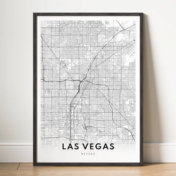 Las Vegas Map Art Print, Black And White Sketch