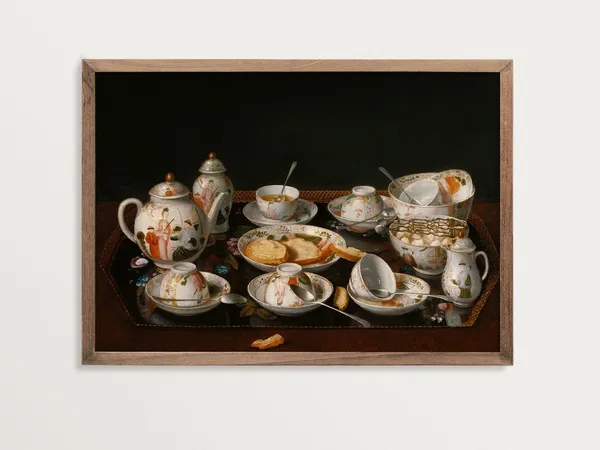Tea Set Still Life Art Print, Vintage Oil Painting