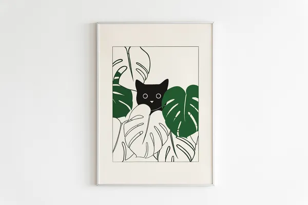 Black Cat With Monstera Art Print
