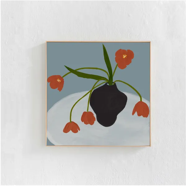 Tulips in a Vase, Muted Blue Floral Art Print