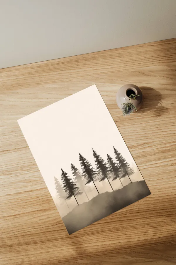 Fog Pine Forest Landscape Poster, Minimalist Scandi