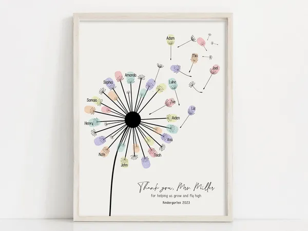 Personalized Thank You Teacher Fingerprint Dandelion Art Print