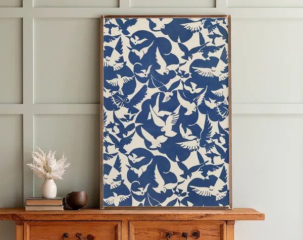 Vintage Blue Bird Pattern Art Print, Bird Motif