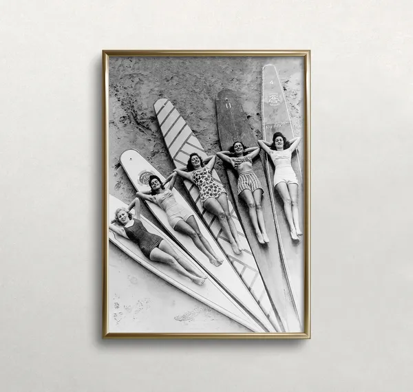 Surfer Girls Vintage Art Print, Black and White Beach