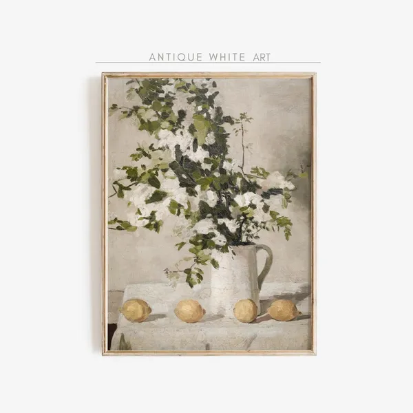 Vintage Kitchen Still Life Painting, Neutral Flowers Art Print