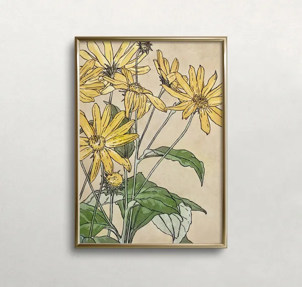 Yellow Flowers Vintage Floral Art Print, Eclectic