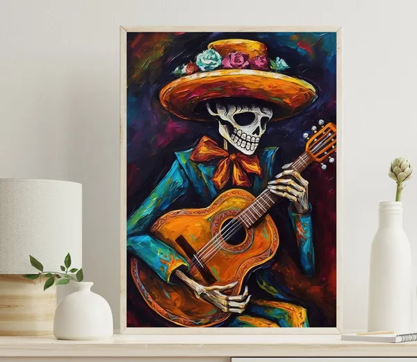 Mexican Mariachi Cowboy Skeleton Guitarist Art Print