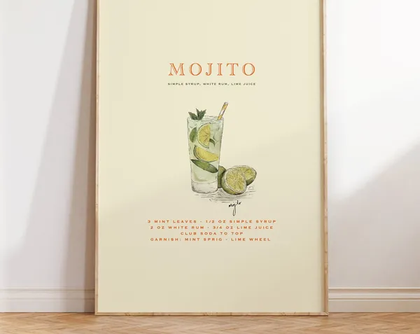Mojito Classic Cocktail Art Print, Home Bar Decor