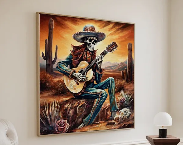 Mexican Cowboy Skeleton Guitarist Art Print, Calavera