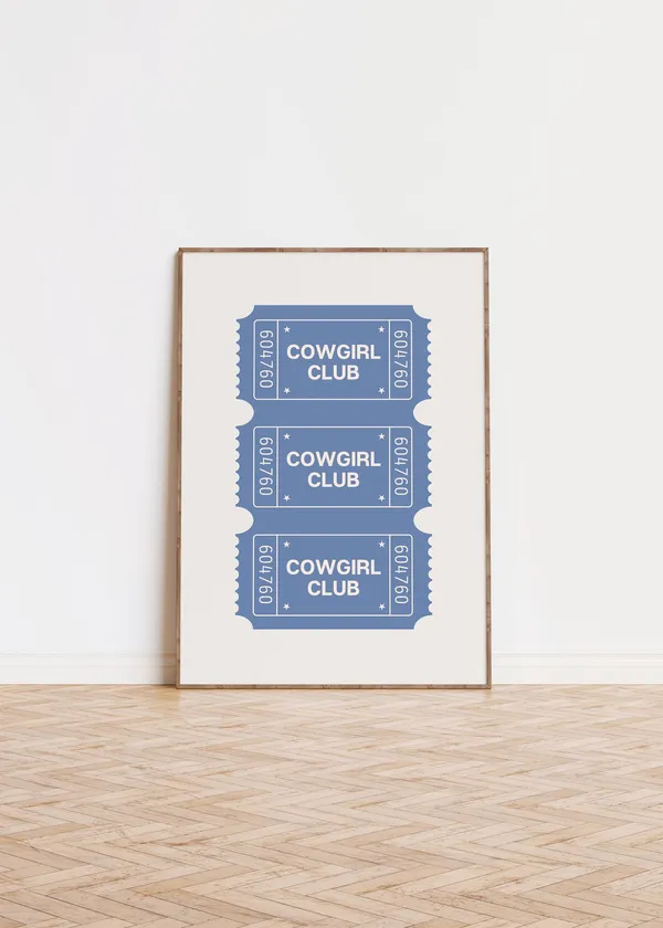 Blue Cowgirl Club Ticket Art Print, Preppy Western