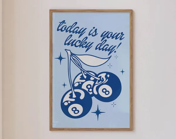 Lucky You Blue Retro Poster, Funky Bar Cart Decor