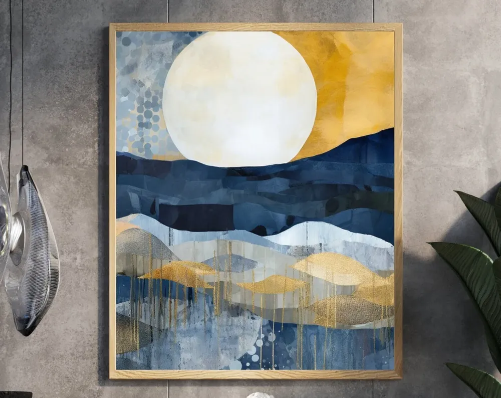 Abstract Landscape Art Print, Indigo Honeycomb Tones