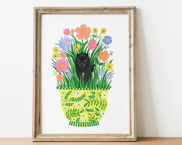 Panther Art Print, Floral Jungle Safari Decor