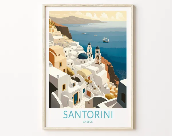 Santorini Greece Travel Poster, City Travel Art