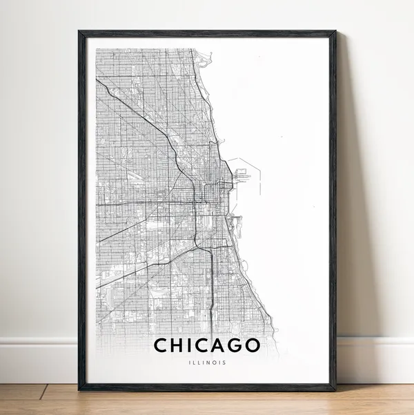 Chicago Map Print, Minimal Black And White Travel
