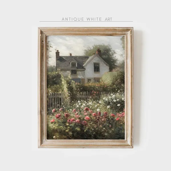Cottage Rose Garden Vintage Oil Painting Art Print