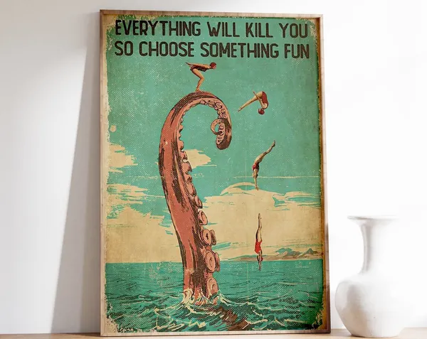 Funny Diving Quote Poster, Art Deco Vintage Print