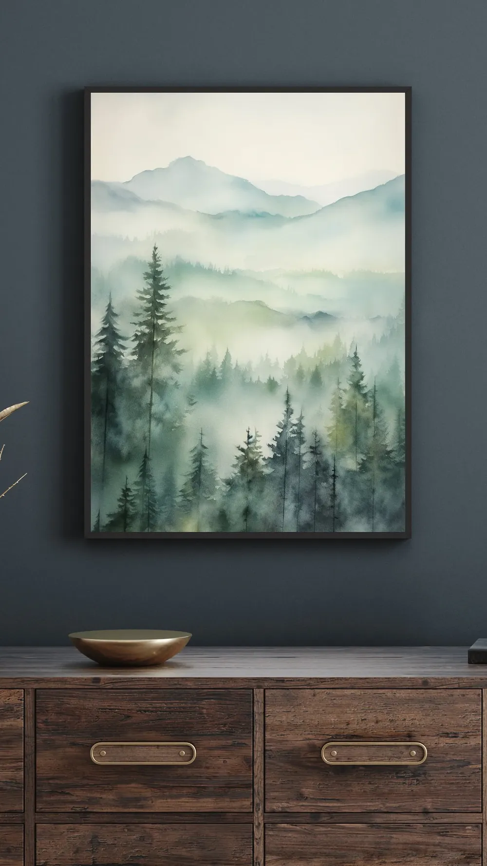 Watercolor Mountain Landscape Print, Pacific Northwest Foggy Trees