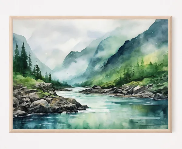 Mountain River Watercolor Print, Misty Forest Landscape