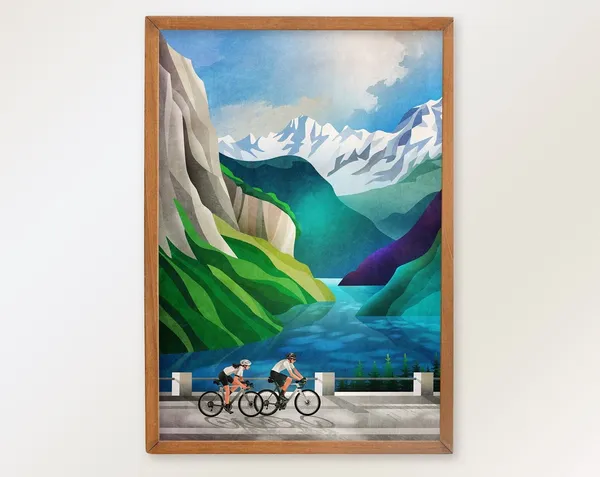 Cycling By The Lake Art Print, Landscape Poster