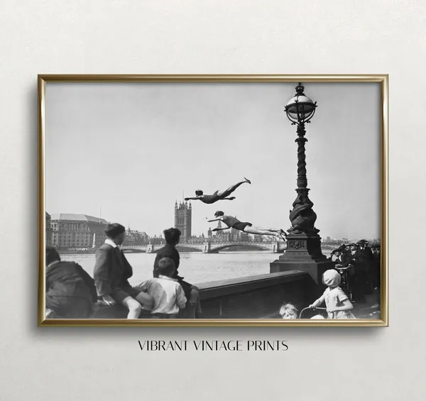 River Thames Swimming, Vintage Black-And-White Art Print