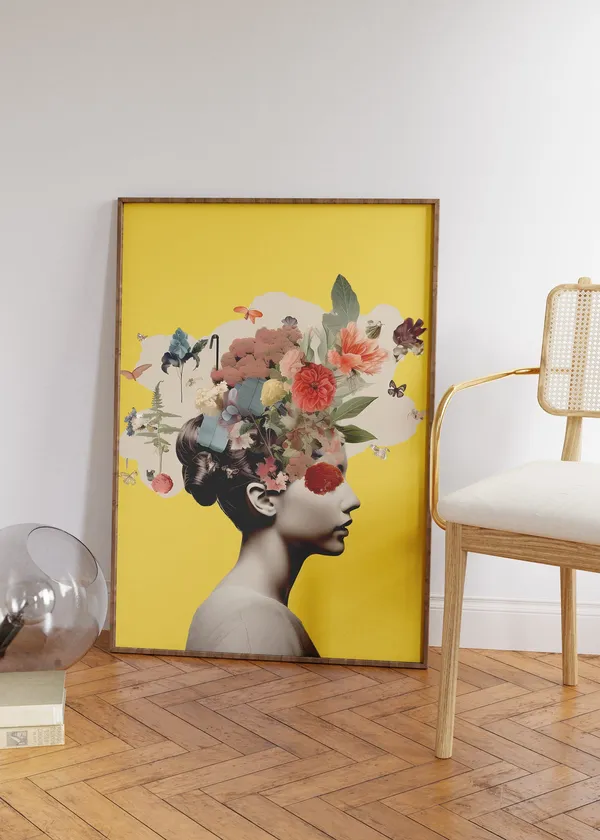 Floral Woman Collage Art Print, Modern Wall Decor