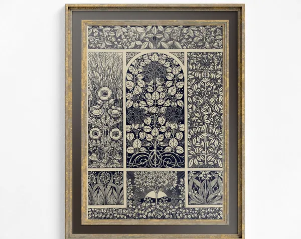 Vintage Floral Ornament, Indigo Art Nouveau Art Print