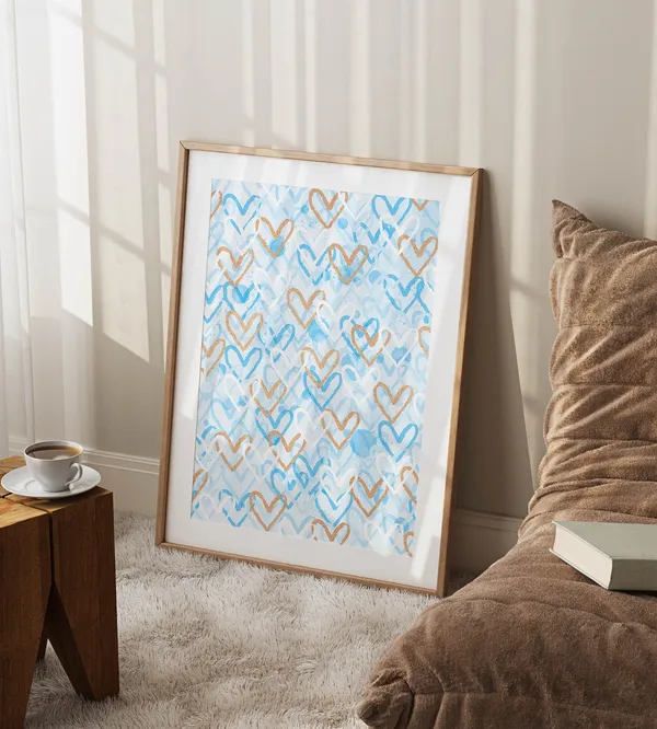 Blue Hearts Preppy Art Print for Dorm Decor