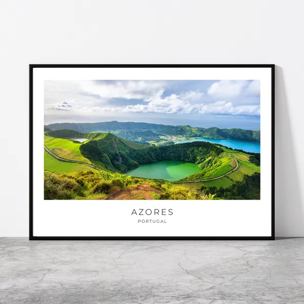 Azores Travel Poster, Ponta Delgada Lake Landscape