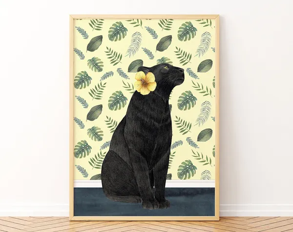 Panther Jungle Illustration Art Print, Tropical Safari