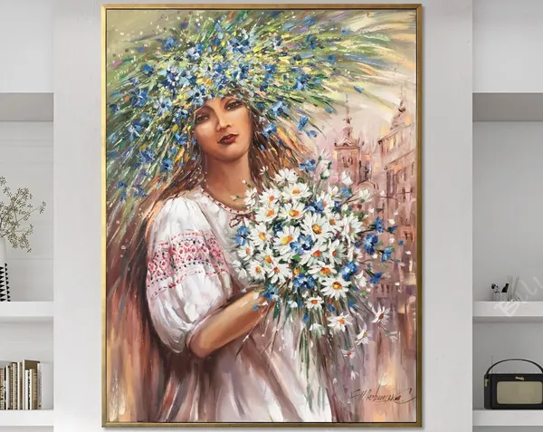 Ukrainian Woman With Flowers, Oil Painting Art Print