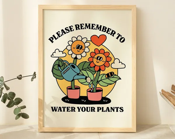Retro Flowers Water Your Plants Quote Art Print