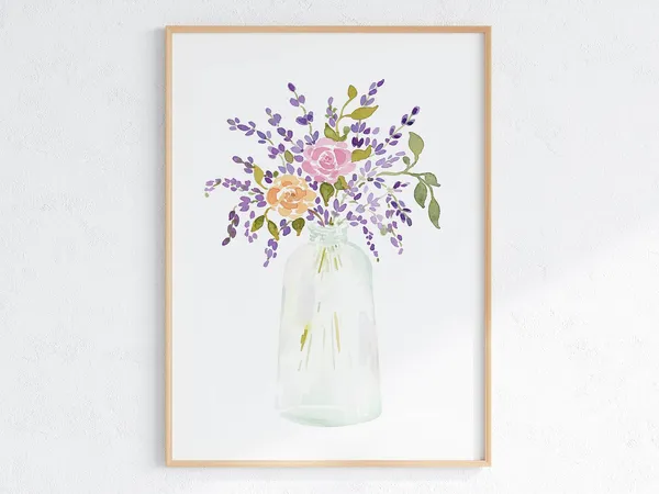 Lavender Flower Bouquet in Vase Watercolor Art Print