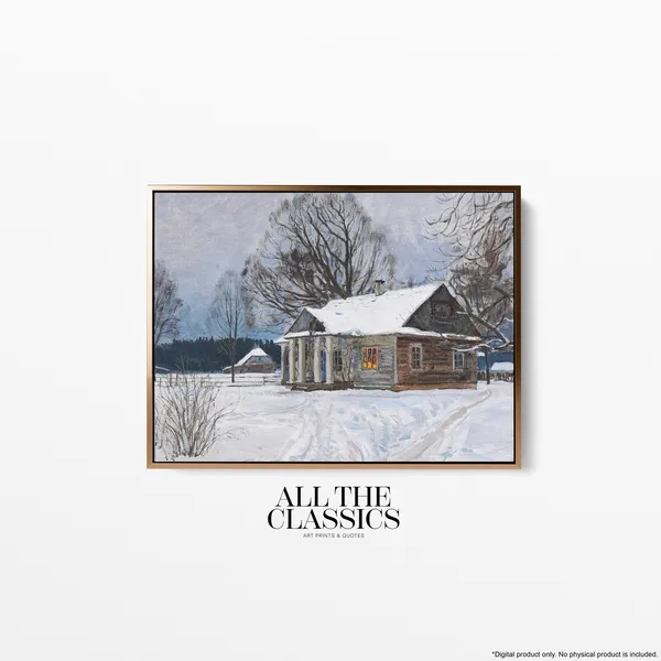 Vintage Winter Cabin Landscape Art Print